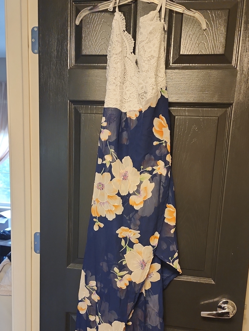 Fancyinn White Lace Top Navy Floral Maxi Dress
